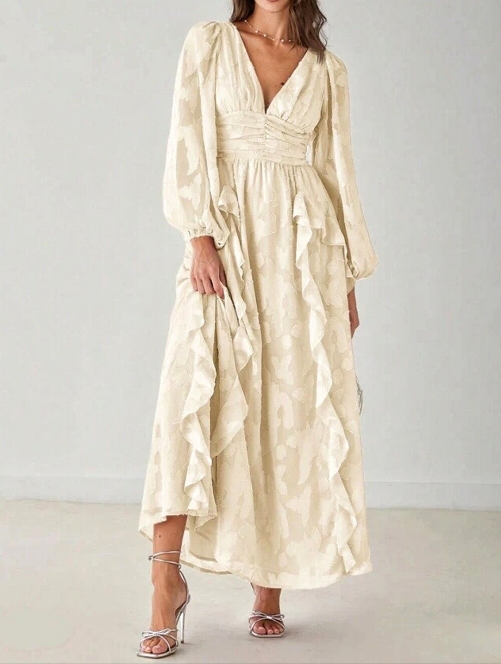 New Flowy Jacquard Ruffle Lantern Sleeve Ruched Waist Maxi Dress Ivory Cream - Picture 9 of 11